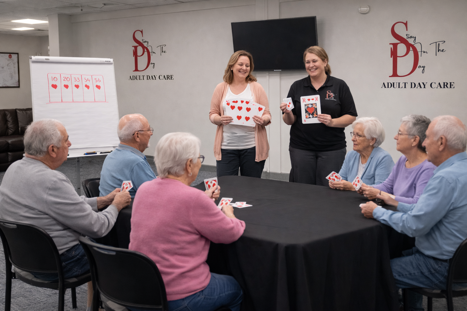 Staff and seniors playing cards at round table
